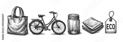 A black and white illustration depicts a reusable shopping bag, bicycle, glass jar, folded cloth, and an "ECO" tag, representing a sustainable and green lifestyle.