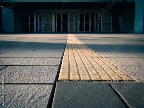 Yellow tactile paving path guiding visually impaired pedestrians safely to a modern building entrance with inclusive urban design