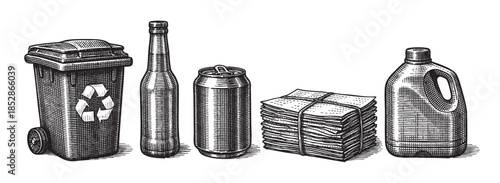A black and white woodcut style illustration depicts common recyclable waste items including a bin, bottle, can, paper, and plastic jug, isolated on a white background.