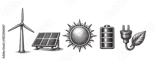 A minimalist, hand-drawn illustration in black and white depicts key renewable energy symbols including a wind turbine, solar panel, battery, electrical plug, and a leaf.