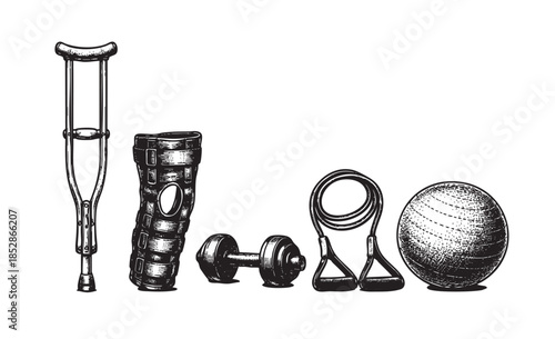 A vintage-style illustration showcases essential fitness and rehabilitation items, including a crutch, knee brace, dumbbells, resistance bands, and a medicine ball, on a white background for versatili