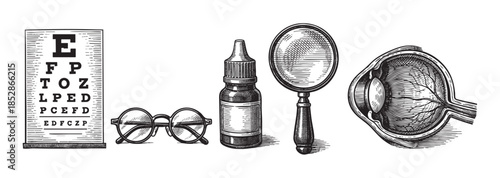 A vintage black and white illustration depicts ophthalmology tools including an eye chart, glasses, eyedropper bottle, magnifying glass, and anatomical eye model.