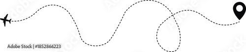 Airplane routes flight path vector with location pins. The flight path of the aircraft from the point of location along the dotted line. Airplane line path icon of airplane flight route. Transparent 