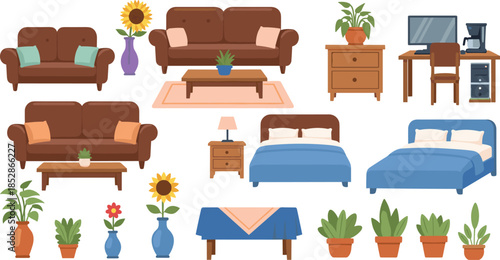 Home furniture illustration, interior decor set, living room design, bedroom layout art, dining table illustration, modern household decoration elements