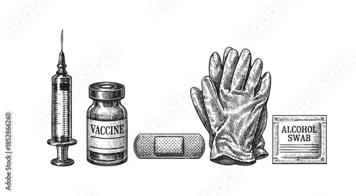 This vintage ink illustration features a syringe, vaccine vial, bandage, medical gloves, and an alcohol swab, evoking a sense of historical healthcare.