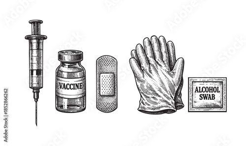 A black and white vintage illustration depicts essential medical vaccination supplies, including a syringe, vaccine vial, bandage, glove, and alcohol swab, arranged for healthcare or science concepts.