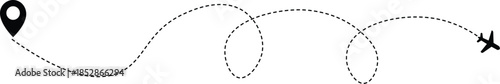 Airplane routes flight path vector with location pins. The flight path of the aircraft from the point of location along the dotted line. Airplane line path icon of airplane flight route. Transparent 