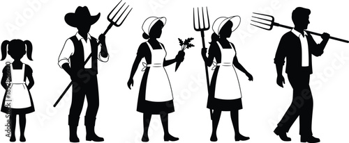 Farming family silhouettes, traditional agriculture icons, farmer with pitchfork, rural lifestyle illustration, vintage farm attire, countryside community vector art