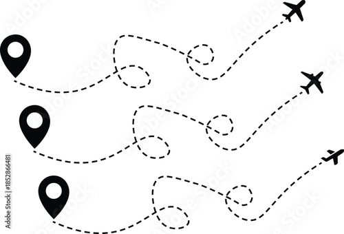 Airplane routes flight path vector with location pins. The flight path of the aircraft from the point of location along the dotted line. Airplane line path icon of airplane flight route. Transparent 