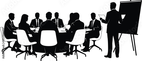 Black Silhouette Illustration of a Business Leader Giving a Presentation to a Professional Team Sitting Around a Round Conference Table,
