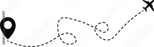 Airplane routes flight path vector with location pins. The flight path of the aircraft from the point of location along the dotted line. Airplane line path icon of airplane flight route. Transparent 