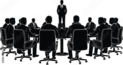 Black silhouette of a leader standing at a round conference table during a corporate business meeting isolated on white background.