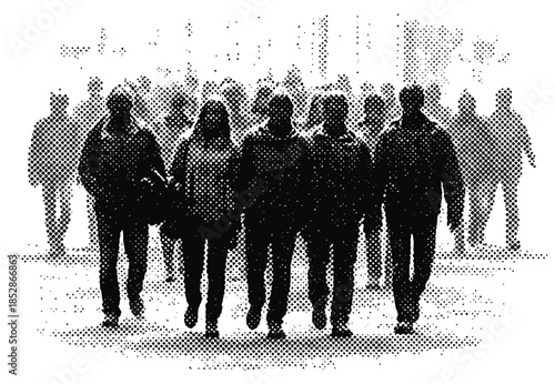 crowd of people walking in a busy city street in retro halftone stipple effect silhouette illustration