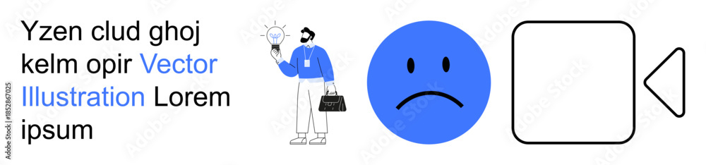 Fototapeta premium Creativity, business planning, emotional expression, multimedia, digital interaction, problem-solving. A professional holding a light bulb, sad face and playback icon. Creativity and business