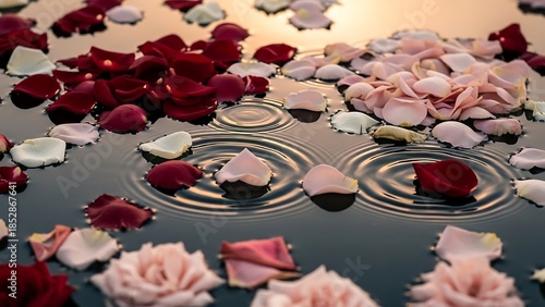 Romantic rose petals floating on water.