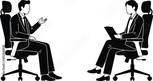 Black and white vector illustration of two professional men in suits sitting in office chairs having a job interview conversation.
