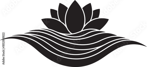 Black lotus flower silhouette on abstract wavy water lines waves ripple black and white