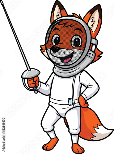 A cheerful cartoon fox fencer in a white uniform and mask holding a foil sword.