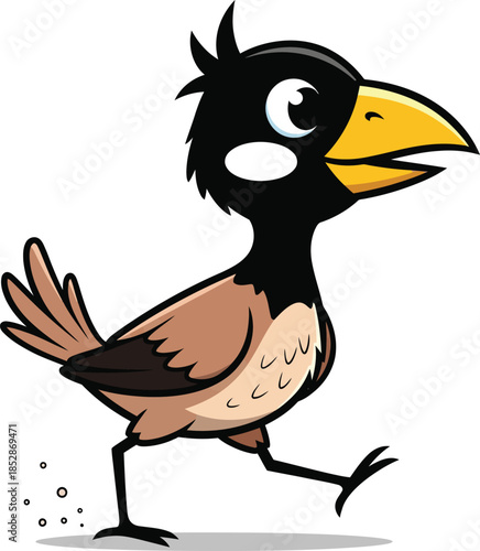 A cheerful cartoon crow with a black head brown body and yellow beak walking happily.