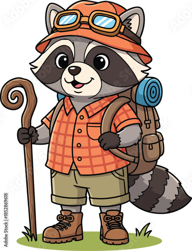 A cheerful cartoon raccoon hiker in an orange plaid shirt and hat with goggles holding a walking stick and carrying a backpack.