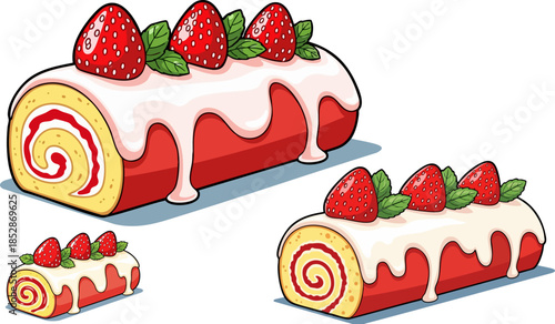 Delicious strawberry roll cake dessert collection featuring various sizes for perfect sweet treats