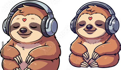 Adorable meditating sloth wearing headphones finds inner peace with closed eyes and a heart symbol