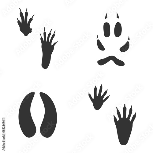 Footprints of  Animal, Traces of a Squirrel, Fox, Raccoon, Deer on white background.  Silhouette animal tracks in gray. Paw Print for your  design. Vector illustration. EPS10.