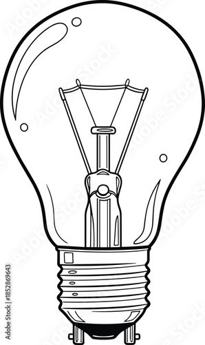 Incandescent light bulb line drawing, filament structure, black and white technical illustration, electricity concept, physics diagram, energy conversion symbol