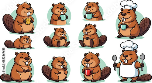 Collection of cute cartoon beaver mascots enjoying coffee and wearing a chef hat