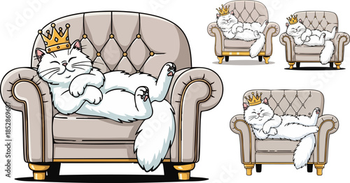 Fluffy white cartoon cat wearing a golden crown relaxing regally on a luxurious armchair