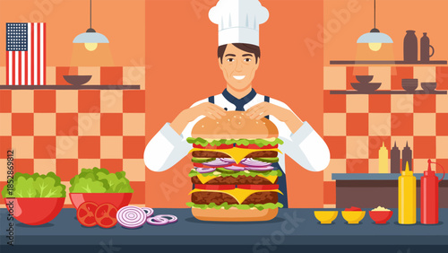 Chef proudly presents a massive, expertly crafted layered burger in a vibrant kitchen. Flat design vector illustration of delicious fast food preparation