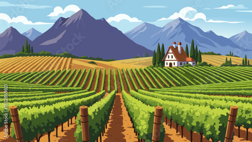 Vibrant vector landscape rolling vineyard hills, charming farmhouse, distant mountains, and clear sky. Idyllic rural scenery