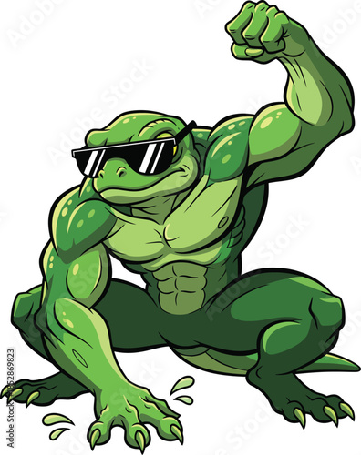 A cool muscular green lizard with sunglasses flexing its bicep in a powerful crouching pose.