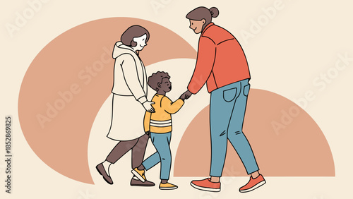 A happy cartoon vector illustration of a loving family together including a mother, father, son, and child as a healthy couple with their children