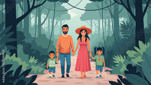 A happy family of four enjoying a serene walk through a vibrant green forest, hand-in-hand, creating lasting memories together amidst nature's beauty