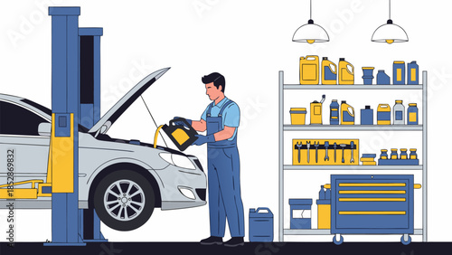 Skilled mechanic performing car maintenance, an oil change, and vehicle service in a modern auto repair workshop