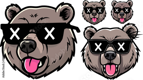 Cool grizzly bear head set with x-eyes sunglasses ready for graphic design projects