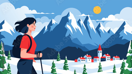 Young woman embarking on a thrilling winter mountain adventure, hiking through snowy landscapes with a picturesque village nestled in the background under a vibrant sky