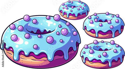 Pixel art collection of delicious blue frosted donuts with purple candy sprinkles isolated on black