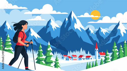 Vector illustration of a woman hiking with trekking poles through majestic snowy mountains, overlooking a quaint winter village scene