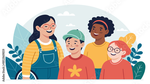 Happy family of four with a mother father and two children smiling together in a festive Christmas cartoon illustration vector featuring a boy and baby filled with love and childhood happiness