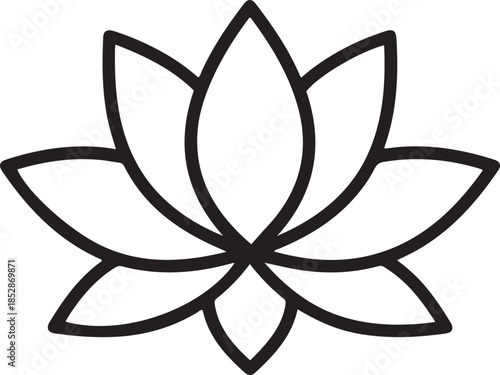 Black outline of a stylized lotus flower with eight petals on a white background black and white symbol