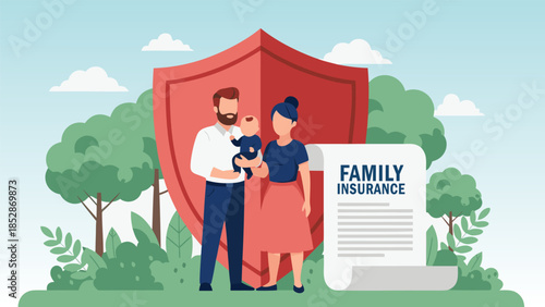 Family insurance protection concept illustration for financial security and health coverage for loved ones and future planning