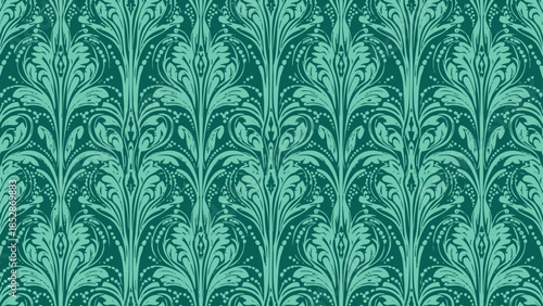 Elegant seamless vintage wallpaper pattern in deep teal and light turquoise botanical damask style