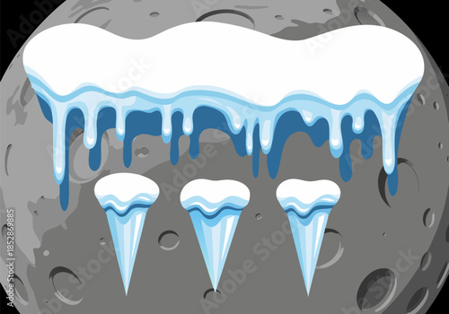 Fantasy lunar landscape illustration featuring frosty snowdrifts and sharp, shimmering icicles under a cold moon, depicting a whimsical winter scene