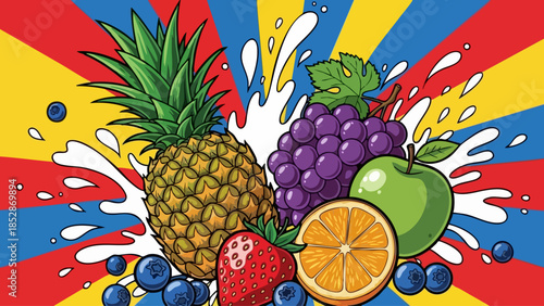 Fresh assortment of tropical and garden fruits splashing with juice against a vibrant colorful background