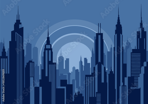 Dynamic Vector Cityscape Illustration Modern Urban Architecture and Towering Skyscrapers Against a Stylized Blue Sky Panorama