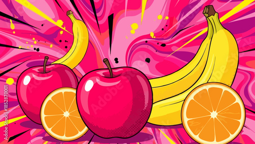 Vibrant pop art fruit illustration featuring bananas apples and oranges on a pink background