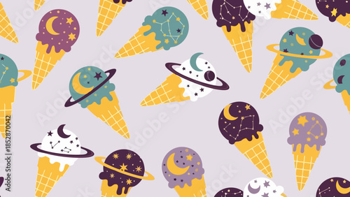 Whimsical seamless pattern featuring colorful ice cream cones decorated with celestial and cosmic elements