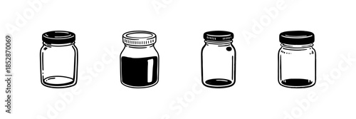 Glass Jars With Lids In Hand Drawn Style Set. Storage, Preservation, Kitchen Organization Doodle Sketch Collection. Empty And Filled Containers. Isolated Vector Illustration